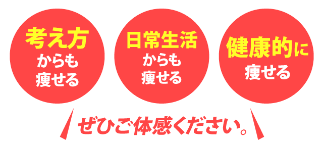 考え方からも痩せる。日常生活からも痩せる。	健康的に痩せる。ぜひご体感ください。